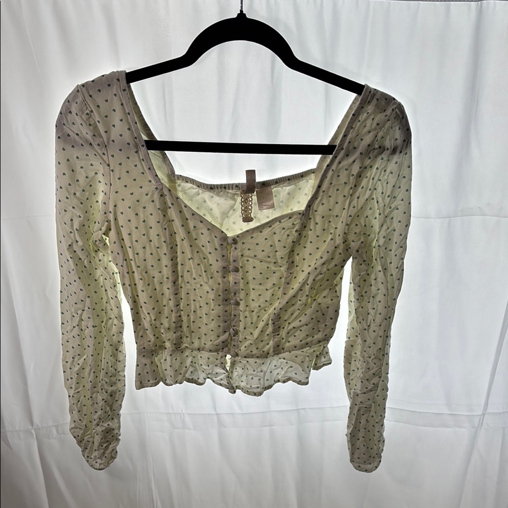 Cream with teal/green tiny hearts Women's Top